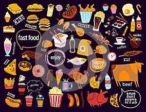 Big vector fast food & snack set isolated on black background: burger, dessert, pizza, coffee, chicken, wok, beef etc.