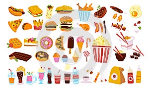Big vector fast food & snack set isolated on white background: burger, dessert, pizza, coffee, chicken, wok, beef etc.