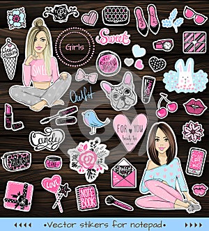 Big Vector kit of fashion patches. Set with glamour elements. Cu