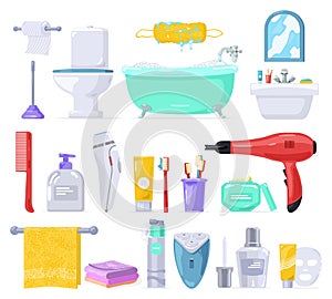 Big vector set with body care, personal hygiene products, bathroom fixtures.