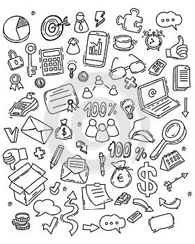 Big vector set of business icons. Isolated linear hand drawn doodles of finance and office work, money and technology