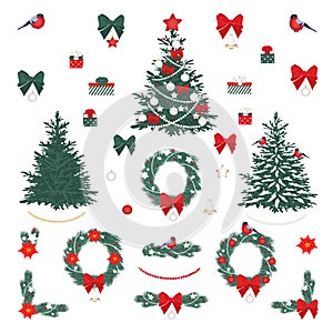 Big vector set of Christmas decorations Christmas tree, wreath, border, birds, bells, balls and gift