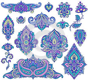 Big vector set of colorful henna floral elements