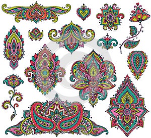 Big vector set of colorful henna floral elements