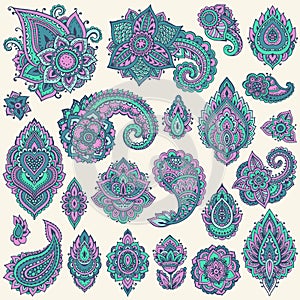 Big vector set of colorful henna floral elements