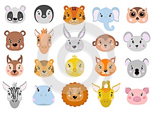 Big vector set of cute animals face icon flat.