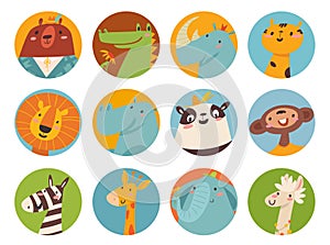 Big vector set of cute cartoon animals faces in flat style