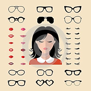 Big vector set of dress with different woman eyelashes, glasses, lips in trendy flat style. Female faces icon creator.