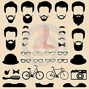 Big vector set of dress up constructor with different men hipster haircuts, glasses, beard etc. Male faces icon creator.