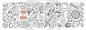 Big vector set of drink and food ingredients. Dairy, bakery, coffee, wine, vegetables etc. Hand drawn sketches. Isolated