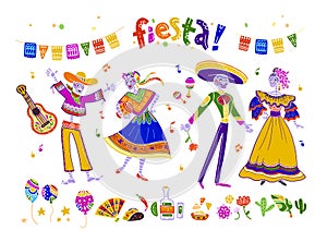 Big vector set of fiesta elements, symbols & skeleton characters in flat hand drawn style isolated on white background