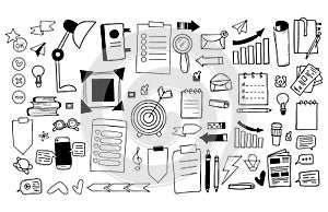 Big vector set financial and business icons. Paper documents, stationery, graph, infographics, target, online messages