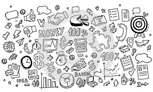 Big vector set of financial icons. Hand gesture, money and business, finance and charts, infographics and office items