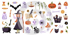 Big vector set of Halloween characters. Scrapbook elements on textured background. Vector illustration with a witch, cauldron,