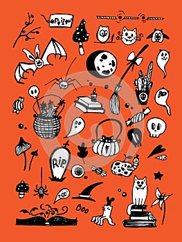 Big vector set with Halloween elements, including pumpkins, mushrooms, sweets, skulls, bats, poison, ghosts.
