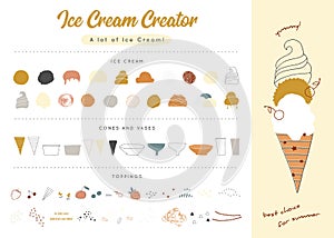 Big vector set of ice-cream elements. Ice cream creator.