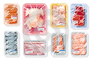 Big vector set with meat, poultry, seafood on plastic trays covered with kitchen saran film.