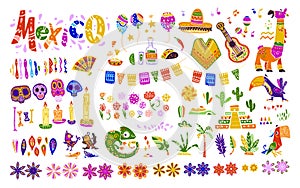 Big vector set of mexico elements, symbols & animals in flat hand drawn style isolated on white background.