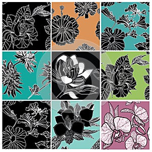 Big vector set of stylish floral backgrounds