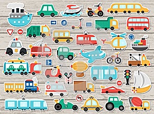 Big vector transportation stickers set. Transport patch icons collection with funny bus, car, boat, truck. Cute cartoon road way