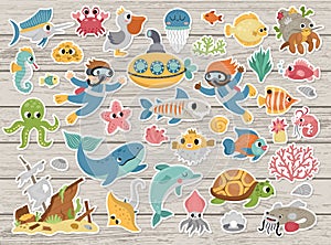 Big vector under the sea stickers set. Ocean patches icons collection with funny seaweeds, fish, divers, submarine. Cute cartoon