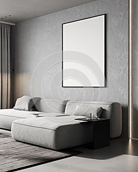 Big vertical mockup poster frame in minimalist living room interior with gray concrete wall and modern sofa, 3d rendering