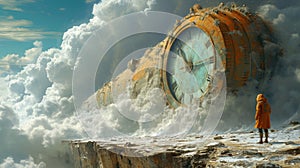 Big vintage clock and lonely person at mountain top, surreal scene with huge dial and man on sky background. Concept of time, art