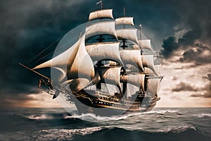 big vintage sailing ship at sea