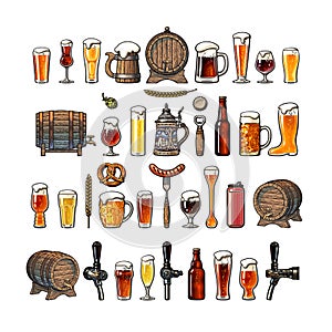 Big vintage set of beer objects. Various types of beer glasses and mugs, barrel, bottle, beer tap. Vector illustration