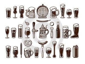 Big vintage set of beer objects. Various types of beer glasses and mugs. Hand drawn vector illustration