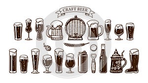 Big vintage set of beer objects. Various types of beer glasses and mugs, old wooden barrel, hop, bottle, can, opener