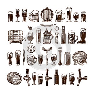 Big vintage set of beer objects. Various types of beer glasses and mugs, barrel, bottle, can opener. Vector illustration
