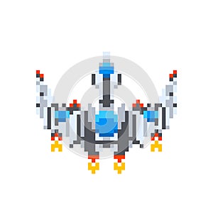 Big vintage spaceship, game hero in pixel art style on white