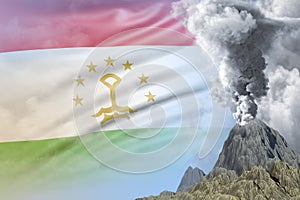 big volcano blast eruption at day time with white smoke on Tajikistan flag background, suffer from eruption and volcanic ash