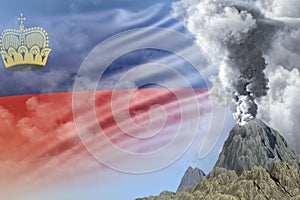 big volcano eruption at day time with white smoke on Liechtenstein flag background, problems of natural disaster and volcanic ash