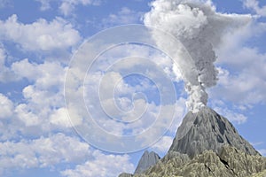 Big volcano eruption with huge smoke pillar and fire on blue sky, problems of natural disaster and volcanic ash concept - 3D