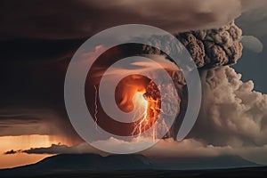 A big volcano erupts with a dark ash cloud in the sky with lightning created with generative AI technology