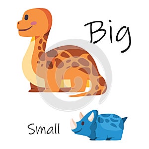 Big vs small comparison between large dinosaur brontosaurus and small triceratops colorful graphic kiddy illustration