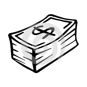 A big wad of cash. Money banknotes or dollar bill icon in doodle style. Hand drawn black logo of cash isolated on white