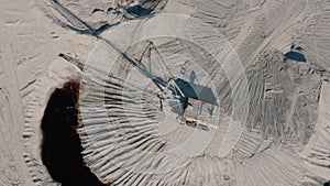 Big walking excavator in the quarry, drone view