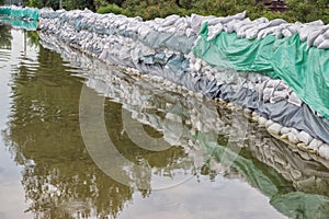 Big wall of sandbags for flood defense