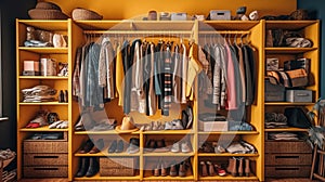 Big wardrobe with different clothes for dressing room. Generative Ai