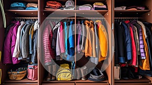 Big wardrobe with different clothes for dressing room. Generative Ai