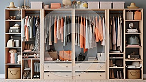 Big wardrobe with different clothes for dressing room. Generative Ai