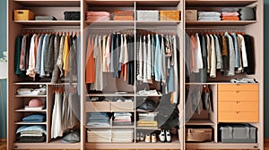 Big wardrobe with different clothes for dressing room. Generative Ai