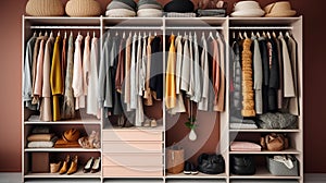 Big wardrobe with different clothes for dressing room. Generative Ai