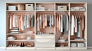 Big wardrobe with different clothes for dressing room. Generative Ai