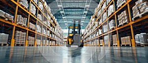 big warehouse with high racks, narrow aisles, warehouse, perspective view with a supervisor monitoring in between the aisle.