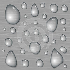 Big Water drops on a brushed metal background. Rain condensation on a bright steel, iron, aluminum surface template