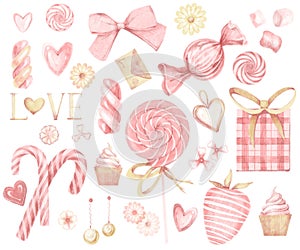 Big watercolor pink and gold set of elements for Valentine's day. Sweets, hearts, jewellery, bows, flowers, garlands